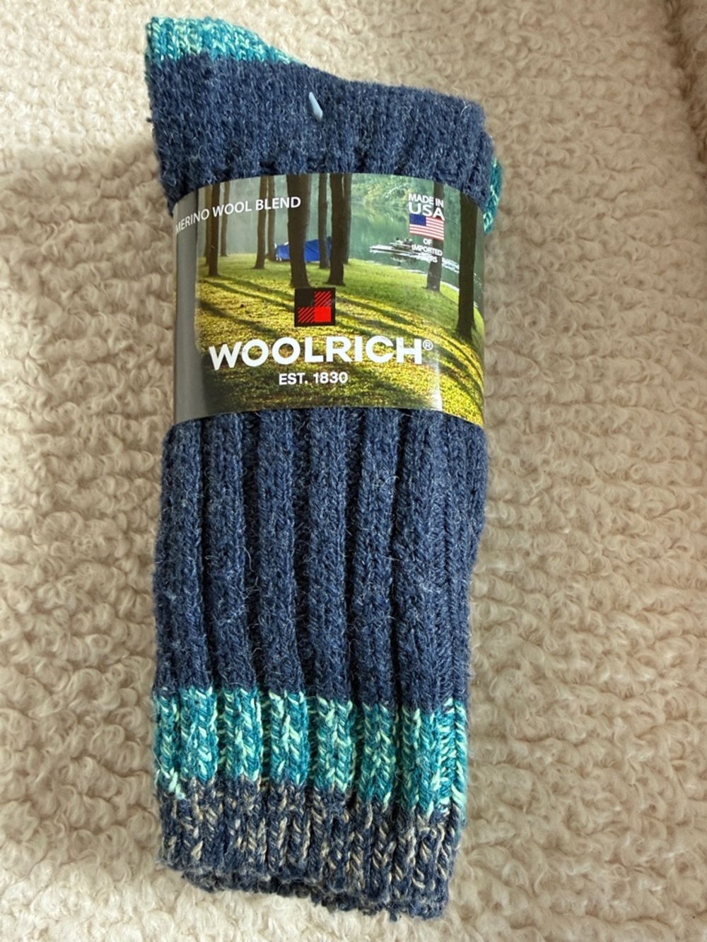 Woolrich Navy Crew Socks with Teal Accents